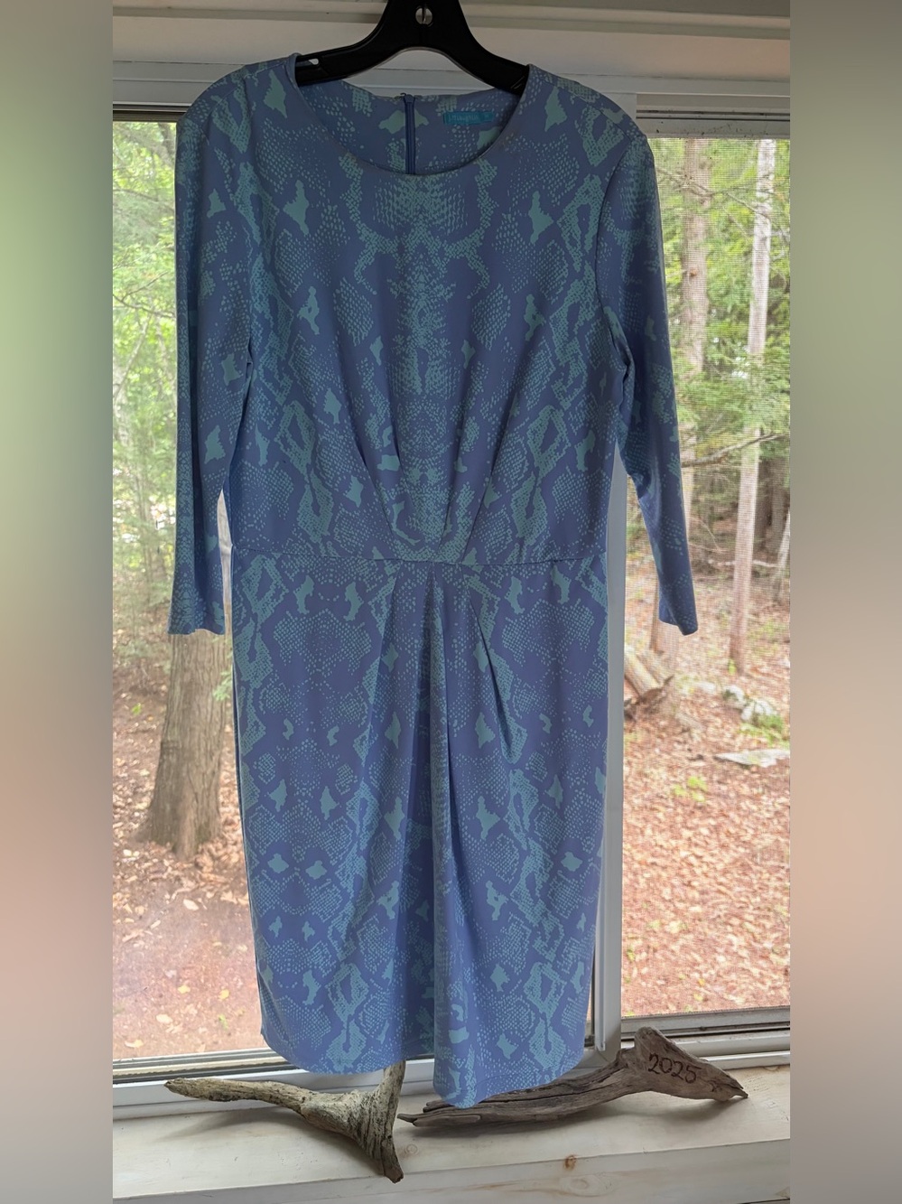 Long Sleeve Teal and Navy Printed Midi Dress